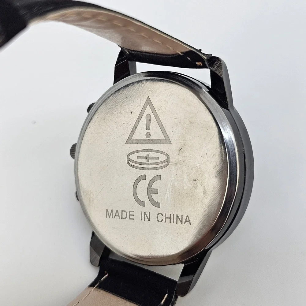 Men's Analog Watch 41MM Black Dial Date Black Faux‎ Leather Bands New Battery